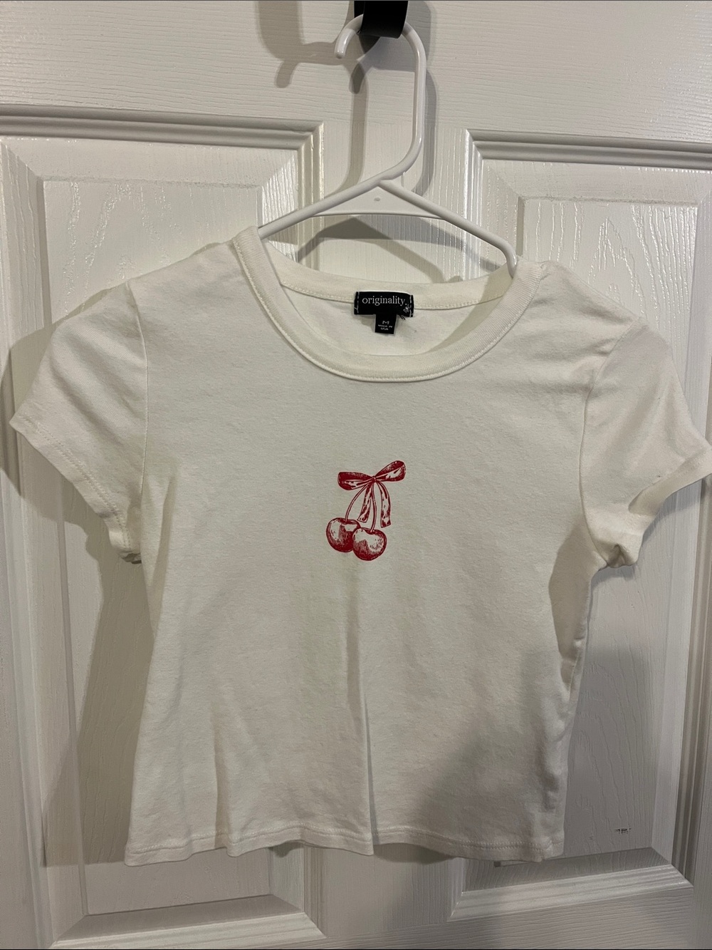 White Juniors Tee with Red Cherry Graphic
